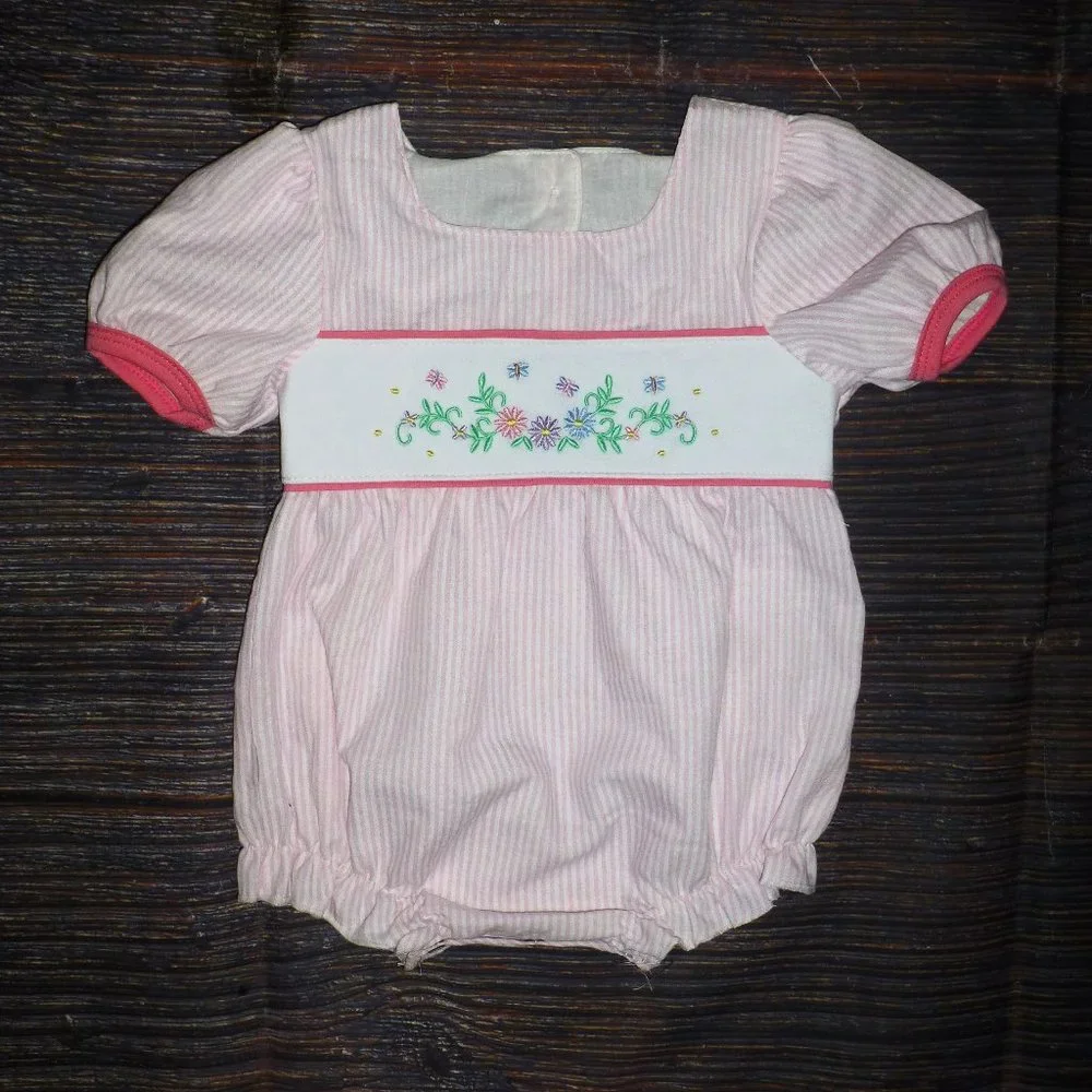 Boutique Baby Girls Embroidered Flowers Striped Pink Bubble Romper Jumpsuit